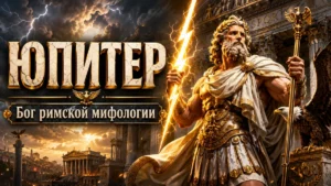 Обложка с Юпитером в золотых доспехах, молнией, скипетром и орлом на фоне грозового Рима