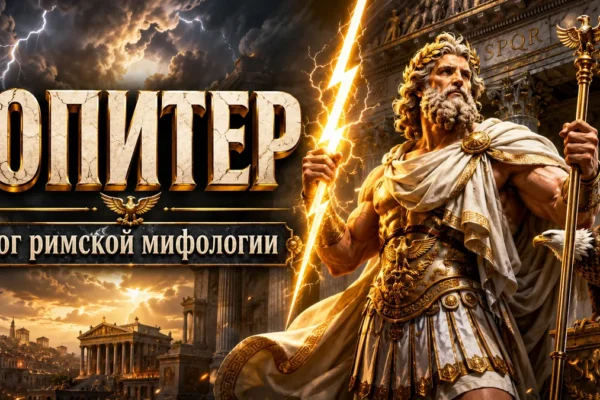 Обложка с Юпитером в золотых доспехах, молнией, скипетром и орлом на фоне грозового Рима