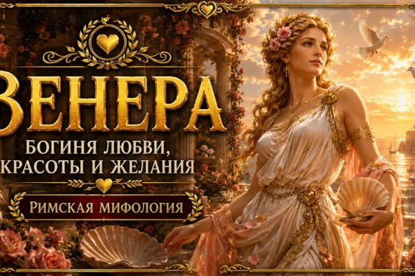 Венера с раковиной, розами и голубями на фоне золотого заката и надписи Венера богиня любви красоты и желания