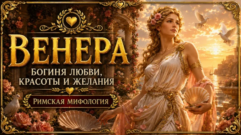 Венера с раковиной, розами и голубями на фоне золотого заката и надписи Венера богиня любви красоты и желания