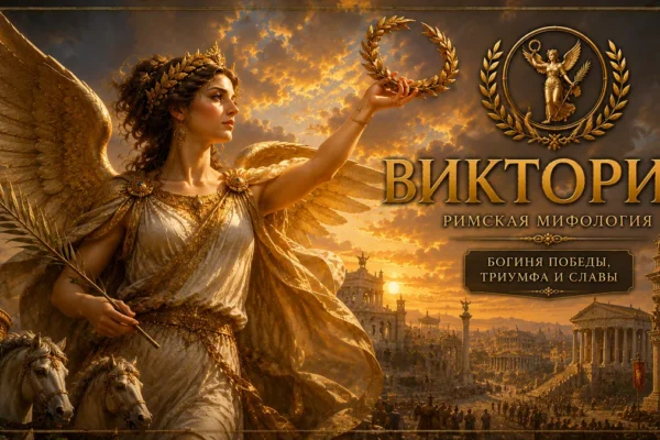 Виктория с золотыми крыльями, лавровым венком и пальмовой ветвью на фоне римского триумфа