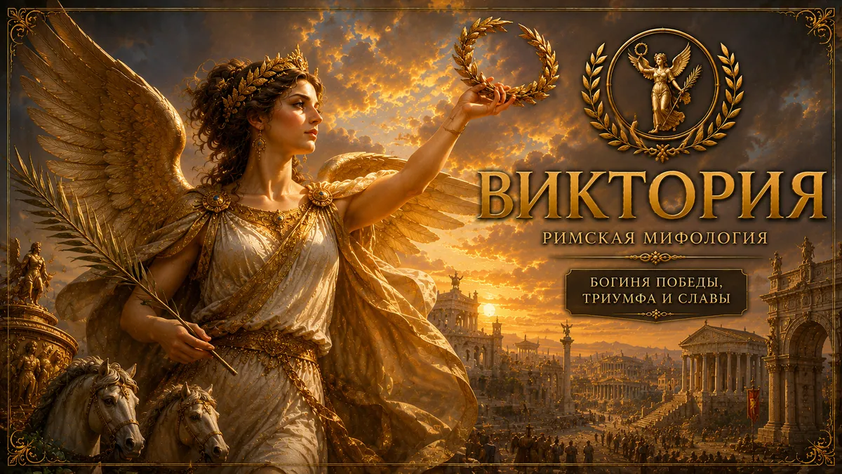 Виктория с золотыми крыльями, лавровым венком и пальмовой ветвью на фоне римского триумфа