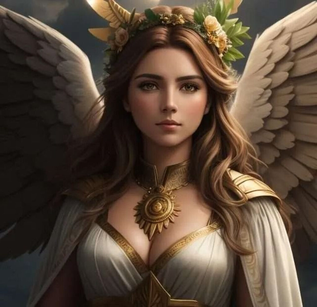 богиня Виктория с лавровым венком и крыльями крупный план римская мифология
