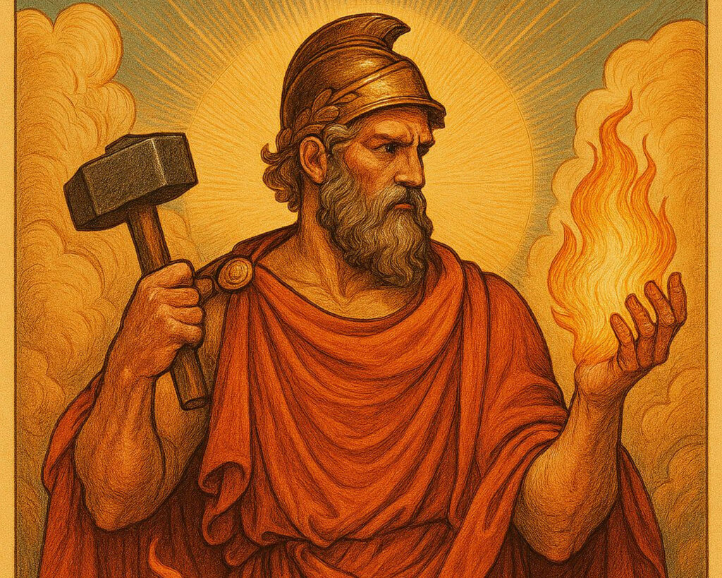 Вулкан бог с молотом и огнём в руке античное изображение римская мифология