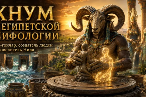 Обложка с Хнумом, создающим человека на гончарном круге, Нилом, храмами и золотыми египетскими надписями