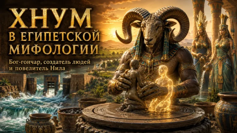 Обложка с Хнумом, создающим человека на гончарном круге, Нилом, храмами и золотыми египетскими надписями