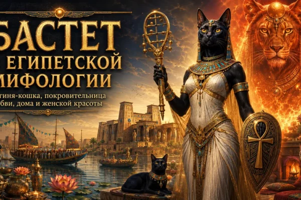 Обложка с Бастет в образе богини-кошки, чёрными котами, Нилом, храмами и огненным львом