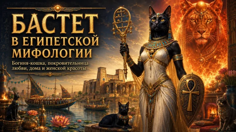 Обложка с Бастет в образе богини-кошки, чёрными котами, Нилом, храмами и огненным львом