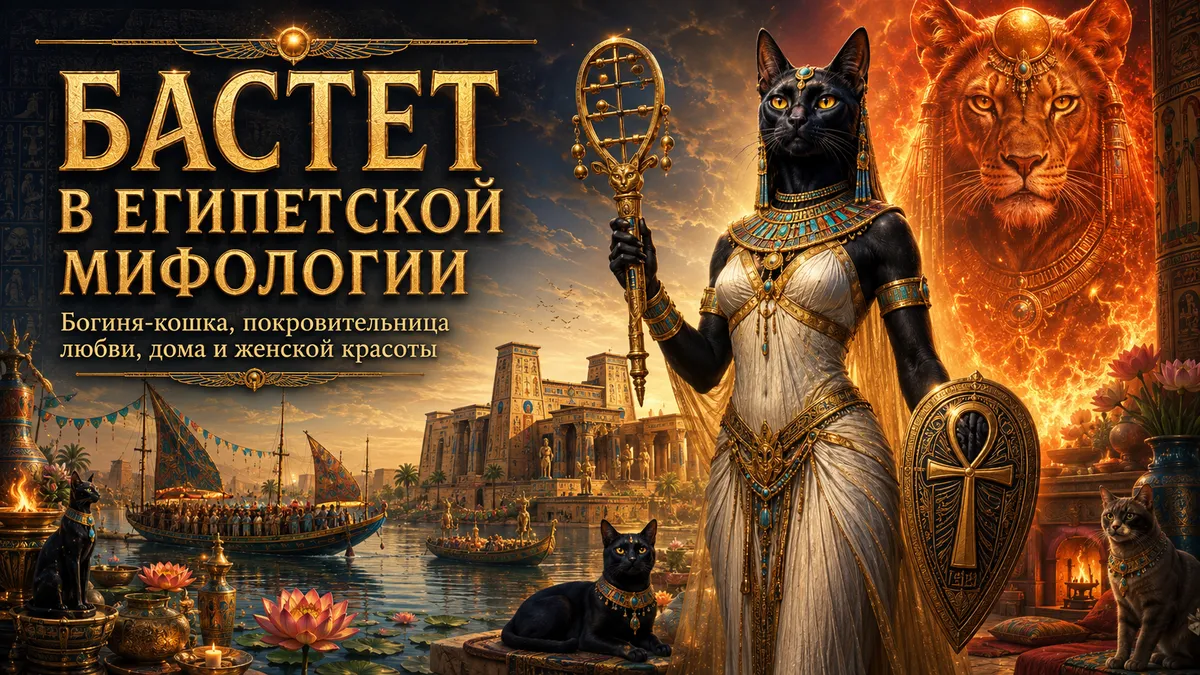 Обложка с Бастет в образе богини-кошки, чёрными котами, Нилом, храмами и огненным львом