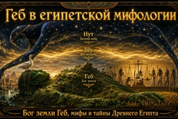 Обложка с богом Гебом, звёздной Нут, богом Шу, сценой суда Осириса, египетскими храмами и золотыми надписями