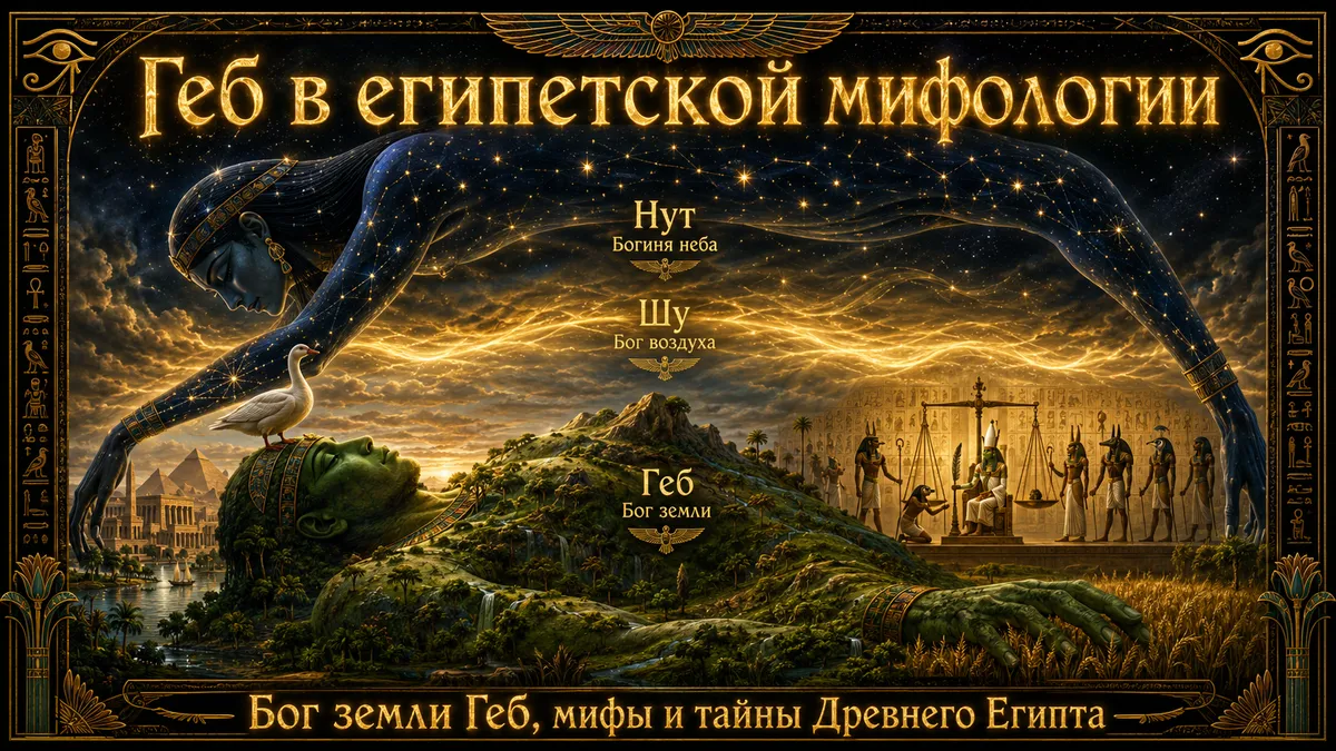 Обложка с богом Гебом, звёздной Нут, богом Шу, сценой суда Осириса, египетскими храмами и золотыми надписями
