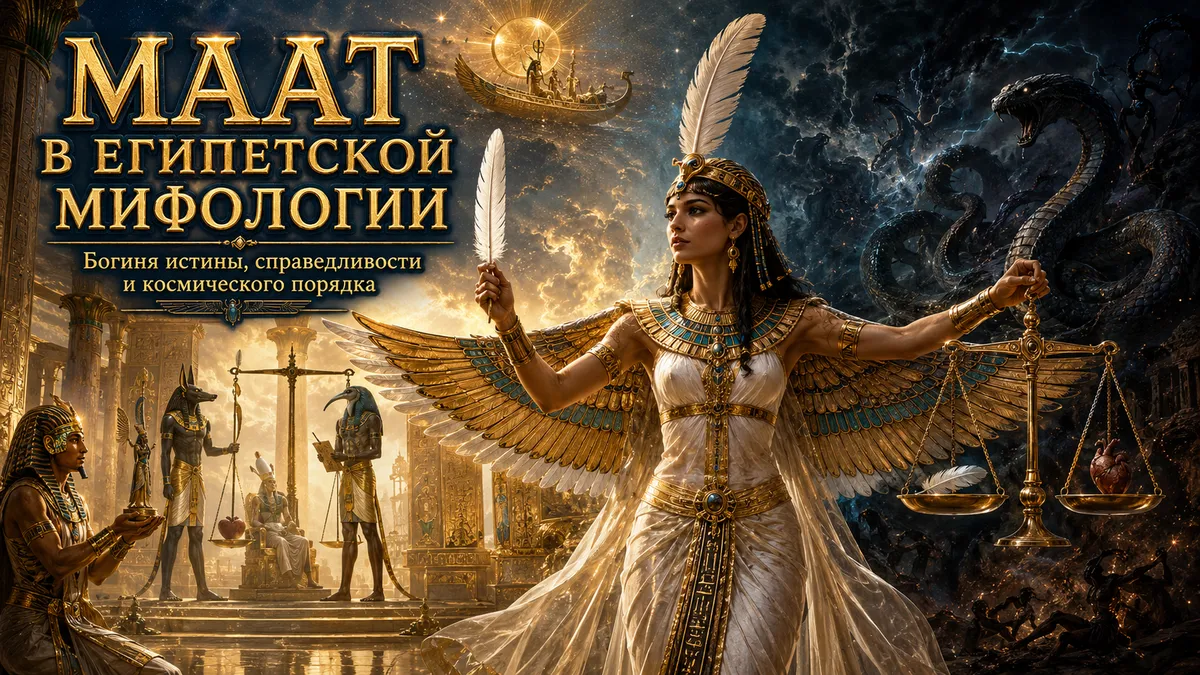 Обложка с Маат, пером истины, весами, солнечной ладьёй Ра, Анубисом, Тотом и змеем Апопом