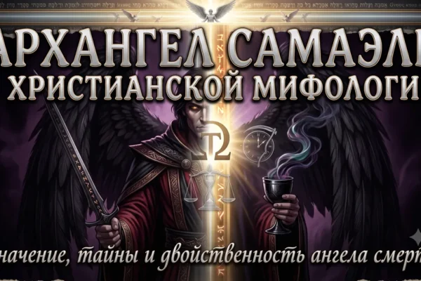 Титульное превью с надписью Архангел Самаэль в христианской мифологии, весами и мечом.