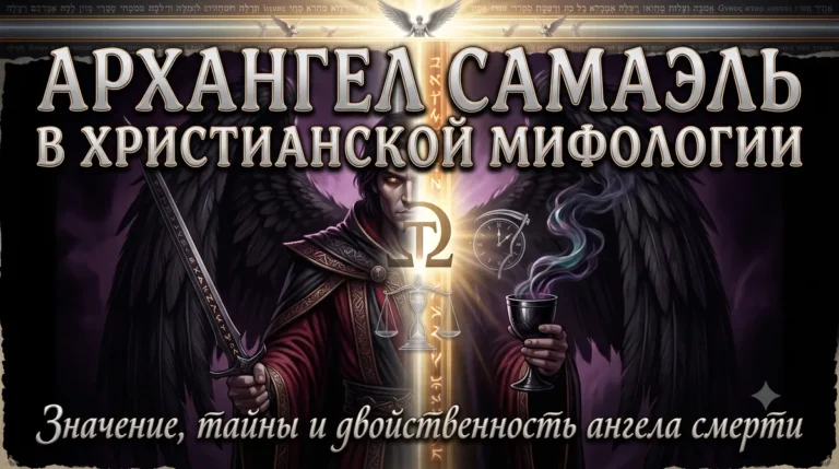 Титульное превью с надписью Архангел Самаэль в христианской мифологии, весами и мечом.