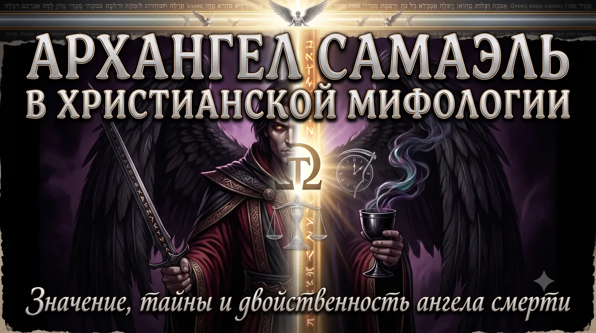 Титульное превью с надписью Архангел Самаэль в христианской мифологии, весами и мечом.