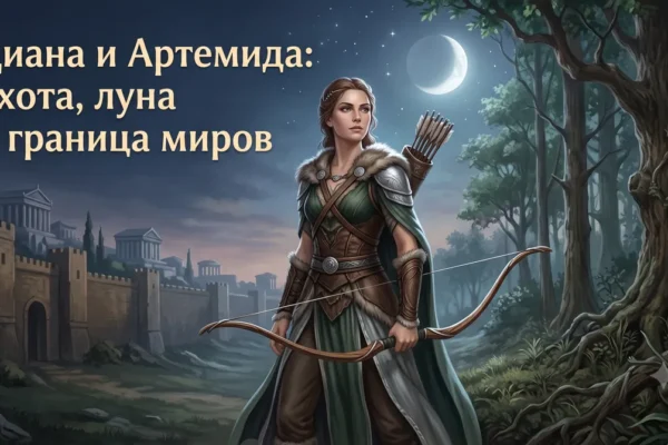 Диана и Артемида с луком на фоне ночного леса, луны и древнего города
