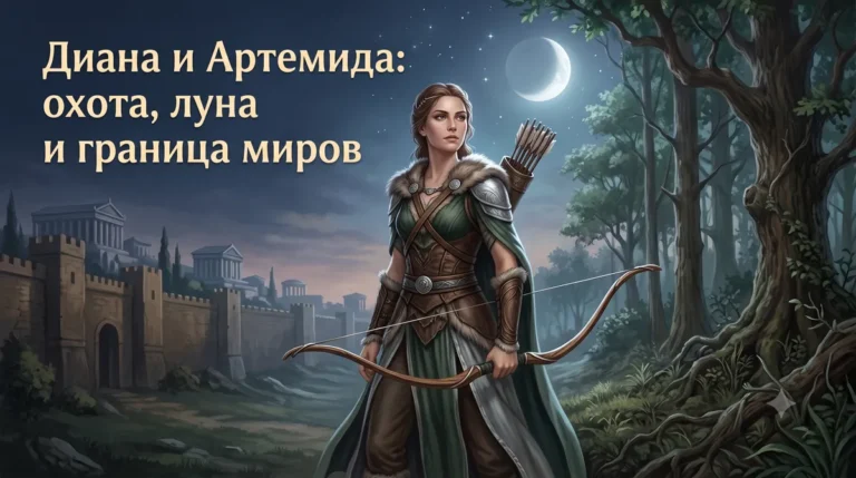Диана и Артемида с луком на фоне ночного леса, луны и древнего города