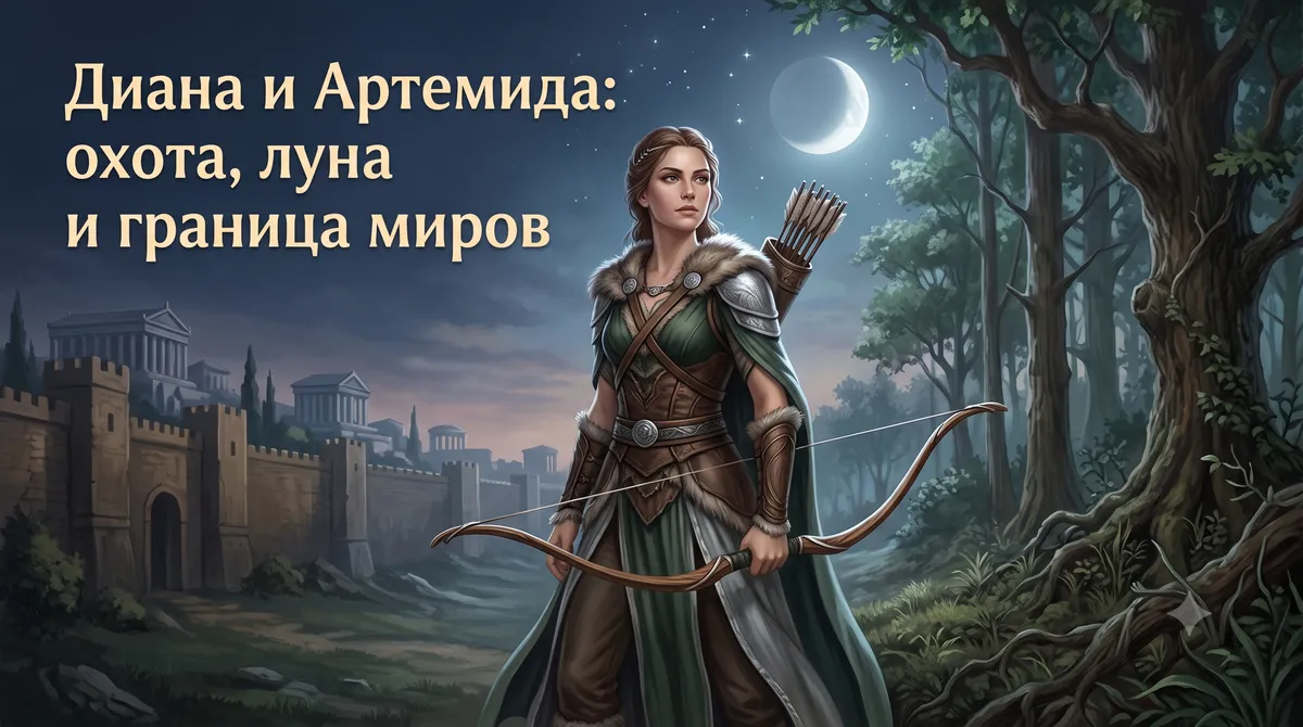 Диана и Артемида с луком на фоне ночного леса, луны и древнего города