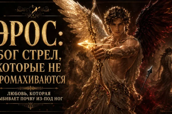 Эрос с луком и светящейся стрелой, золотым и тёмным крылом на фоне надписи Эрос бог стрел