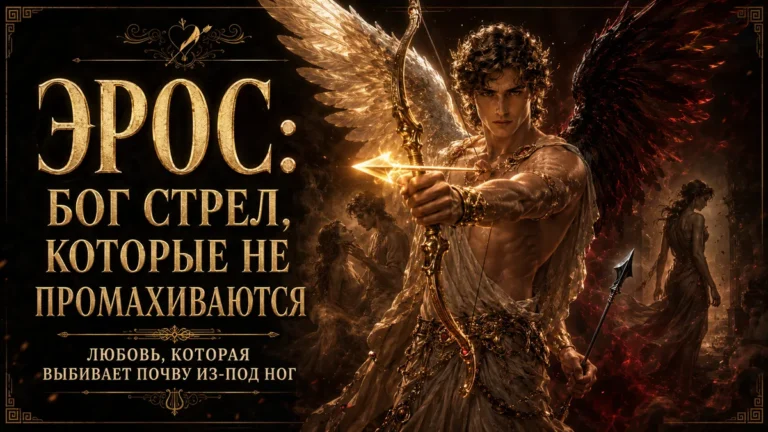 Эрос с луком и светящейся стрелой, золотым и тёмным крылом на фоне надписи Эрос бог стрел