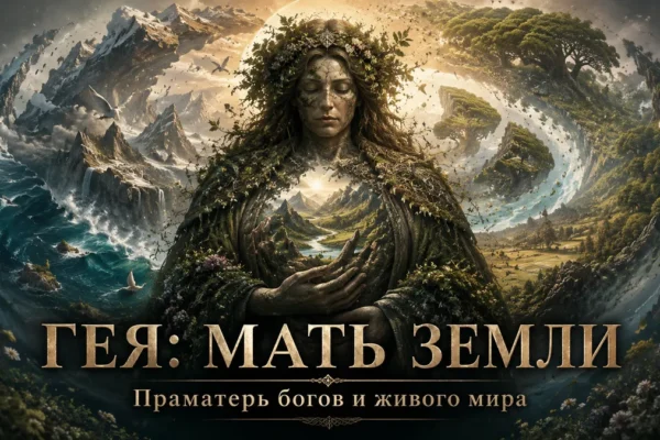 Гея в образе матери Земли с горами, океаном, лесами и надписью Гея Мать Земли