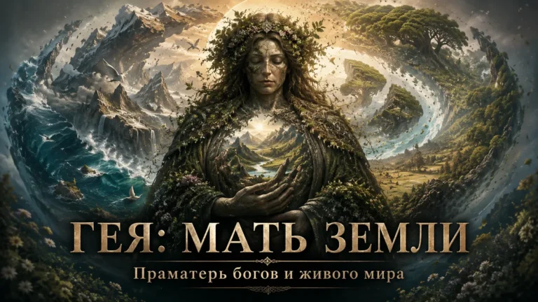 Гея в образе матери Земли с горами, океаном, лесами и надписью Гея Мать Земли