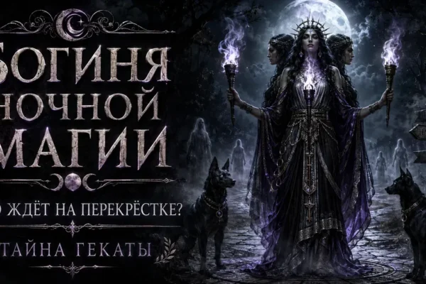 Трёхликая Геката с факелами и чёрными псами на фоне луны и ночного перекрёстка