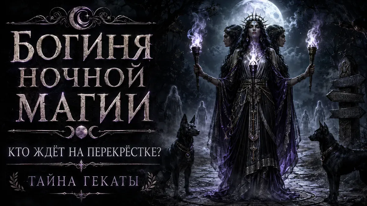 Трёхликая Геката с факелами и чёрными псами на фоне луны и ночного перекрёстка