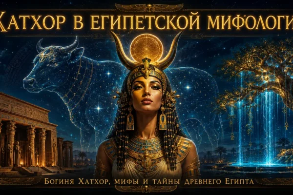 Обложка с богиней Хатхор, небесной коровой, храмом, священным деревом и золотым русским текстом о мифах Древнего Египта