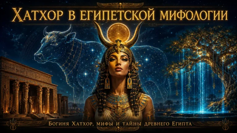 Обложка с богиней Хатхор, небесной коровой, храмом, священным деревом и золотым русским текстом о мифах Древнего Египта