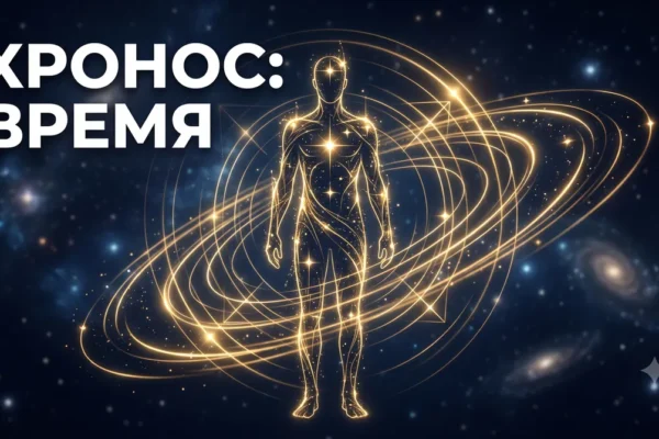 Хронос в виде светящейся фигуры среди орбит, текст: Хронос: время