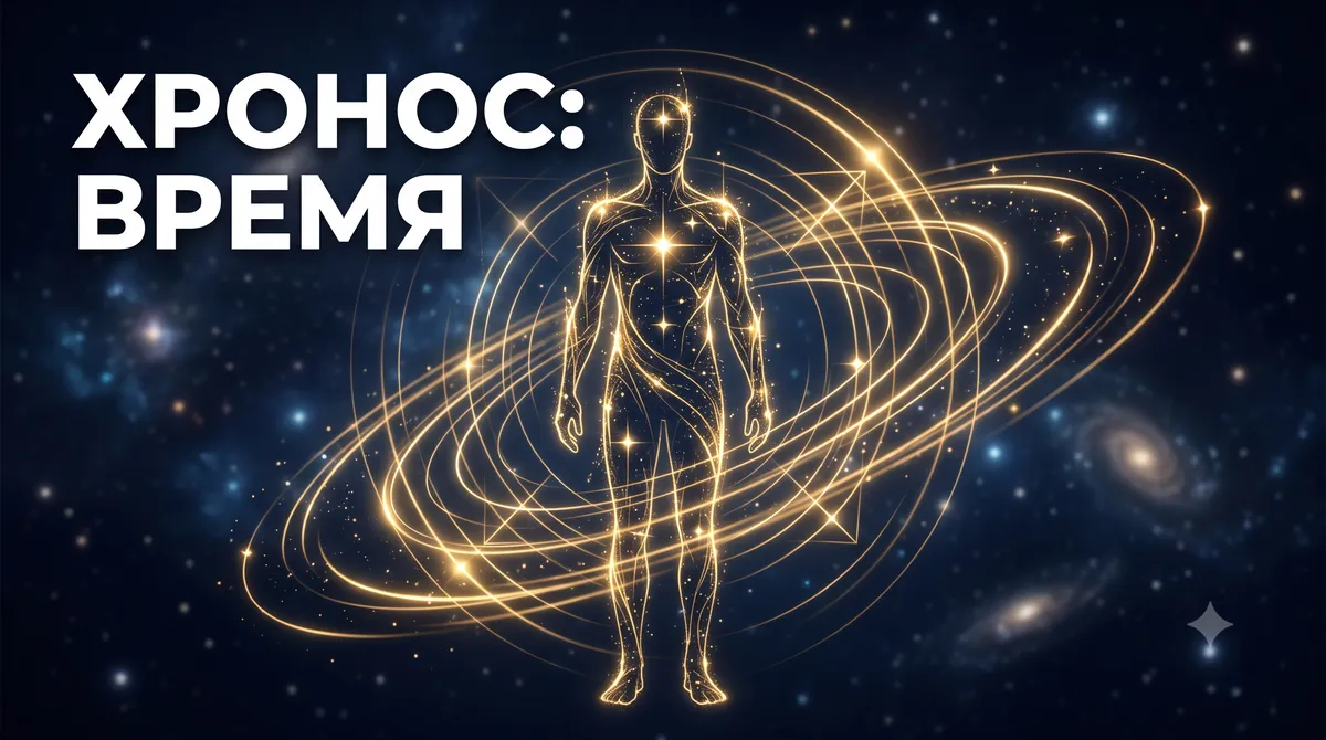 Хронос в виде светящейся фигуры среди орбит, текст: Хронос: время