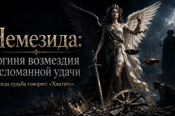 Немезида с чёрным и белым крылом держит меч и весы, текст: богиня возмездия