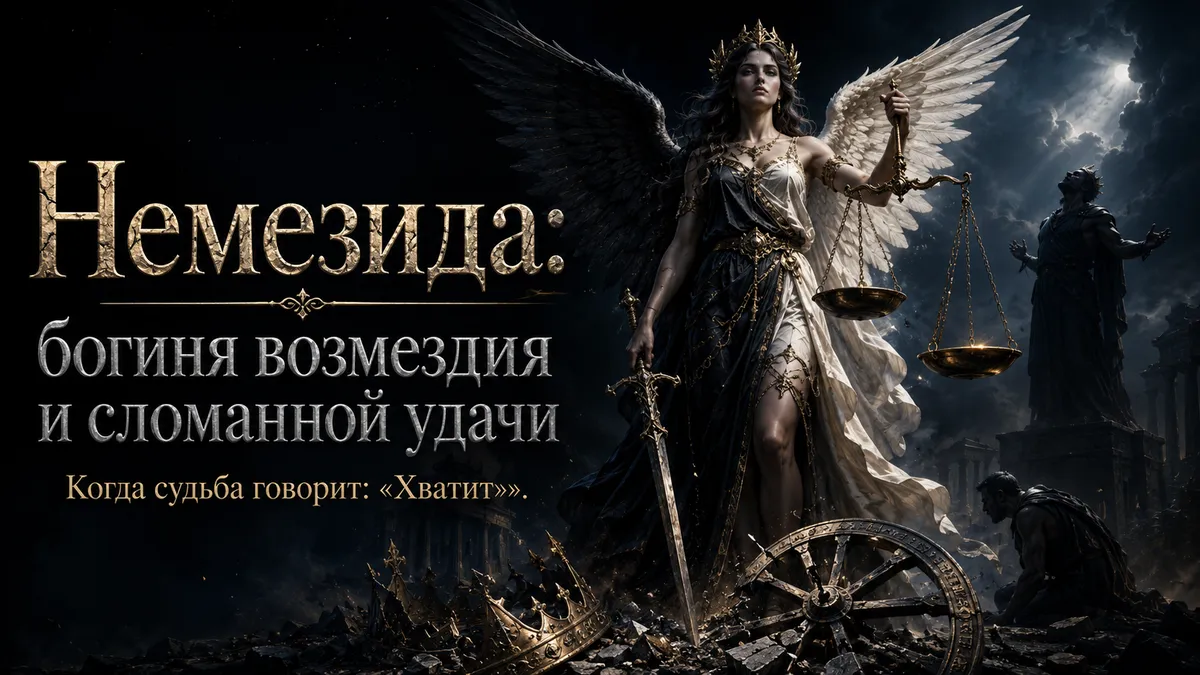 Немезида с чёрным и белым крылом держит меч и весы, текст: богиня возмездия