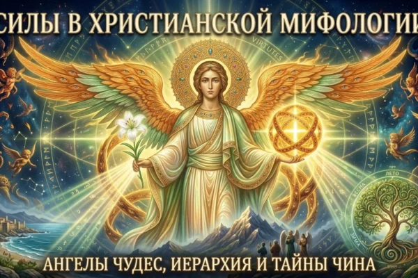 Обложка Силы в христианской мифологии с ангелом с лилией на фоне гор и Древа Жизни.