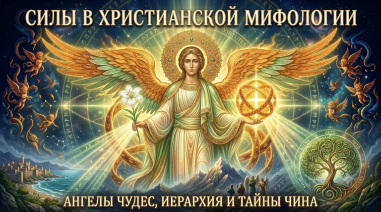 Обложка Силы в христианской мифологии с ангелом с лилией на фоне гор и Древа Жизни.
