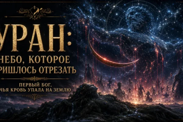 Обложка с Ураном в звёздном небе, Геей на земле, титанами и надписью Уран небо которое пришлось отрезать