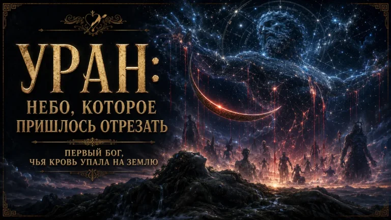 Обложка с Ураном в звёздном небе, Геей на земле, титанами и надписью Уран небо которое пришлось отрезать