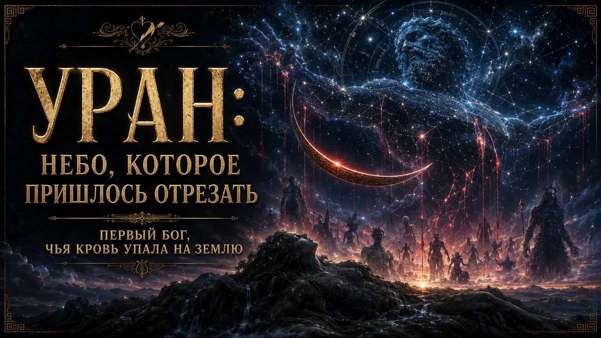 Обложка с Ураном в звёздном небе, Геей на земле, титанами и надписью Уран небо которое пришлось отрезать
