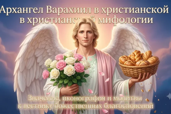 Обложка Архангел Варахиил в христианской мифологии с розами, хлебами и белыми крыльями