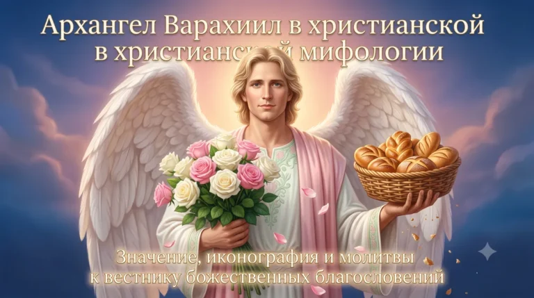 Обложка Архангел Варахиил в христианской мифологии с розами, хлебами и белыми крыльями