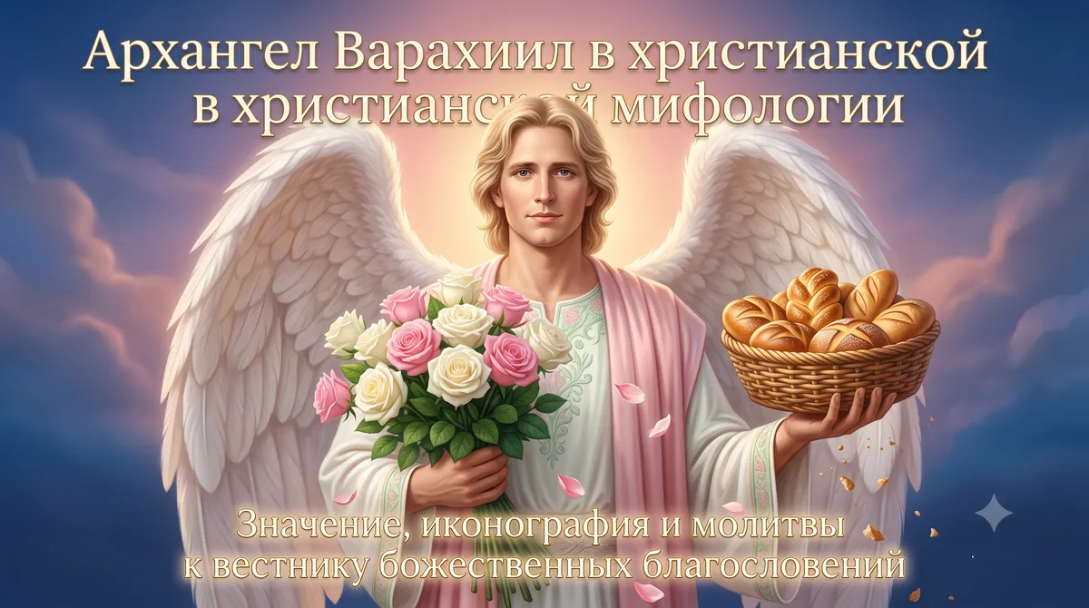 Обложка Архангел Варахиил в христианской мифологии с розами, хлебами и белыми крыльями