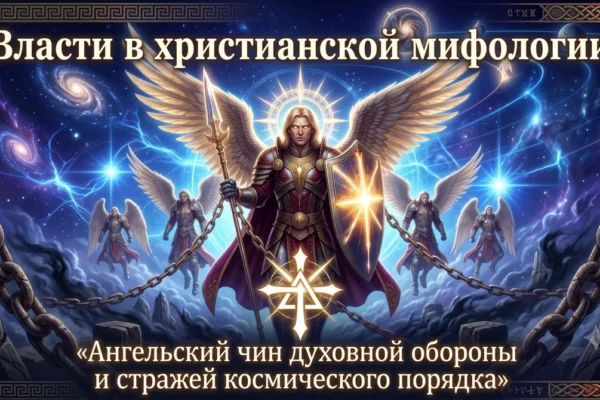 Обложка с текстом Власти в христианской мифологии и ангелами со щитами на фоне космоса.