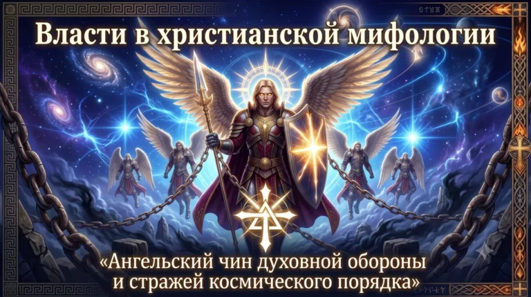 Обложка с текстом Власти в христианской мифологии и ангелами со щитами на фоне космоса.