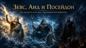 Зевс, Посейдон и Аид стоят в своих царствах с молнией, трезубцем и тёмным жезлом