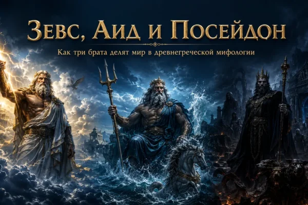Зевс, Посейдон и Аид стоят в своих царствах с молнией, трезубцем и тёмным жезлом