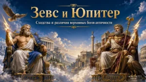 Зевс и Юпитер сидят на тронах среди облаков, молний, орлов, Олимпа и Римского форума