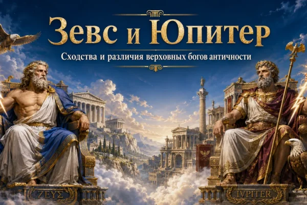 Зевс и Юпитер сидят на тронах среди облаков, молний, орлов, Олимпа и Римского форума