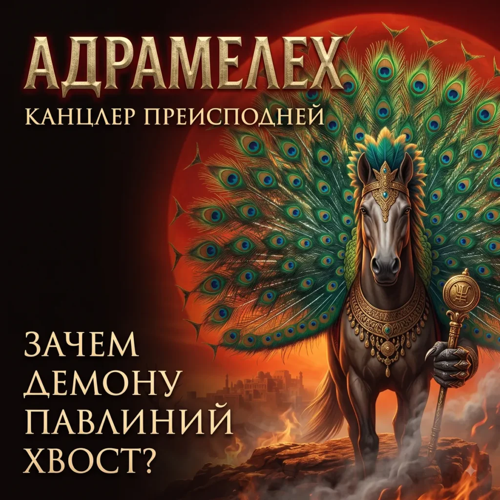 Адрамелех — демон с павлиньим хвостом и царскими украшениями на фоне красного солнца и разрушенного древнего города.