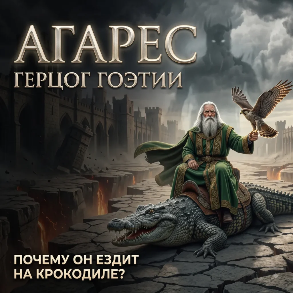 Постер с заголовком «Агарес. Герцог Гоэтии» и образом седого старца на крокодиле с соколом на фоне разрушенного мира.